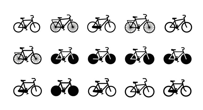 Set of Bicycle Icons, Various Styles and Designs, Black and White