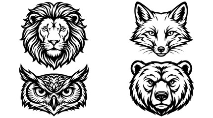 Obraz premium Lion, Fox, Owl, Bear Heads - Wild Animal Icon Set