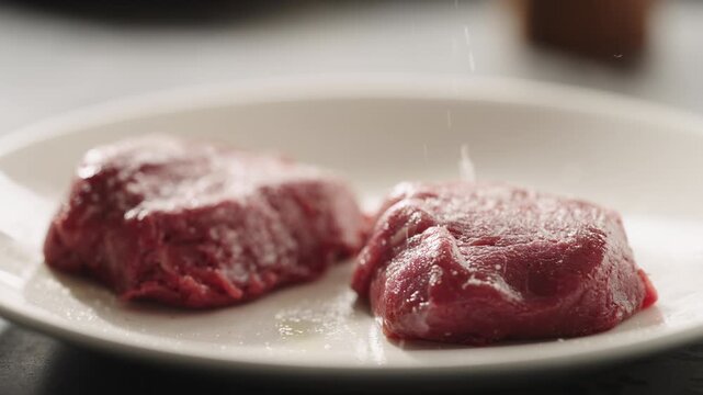 Two raw beef fillets on white plate with coarse salt in softly lit kitchen