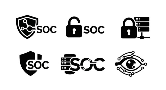 SOC Cybersecurity Icons: Network Security, Data Protection, Surveillance