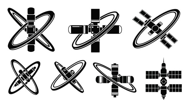 Space Station Icons Set, Orbiting Satellites, Sci-Fi Technology Graphics