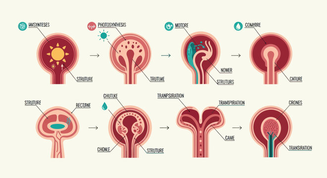 Diagram illustrating the intricate process of cell division and differentiation, showing stages from initial stimulus to specialized structures.