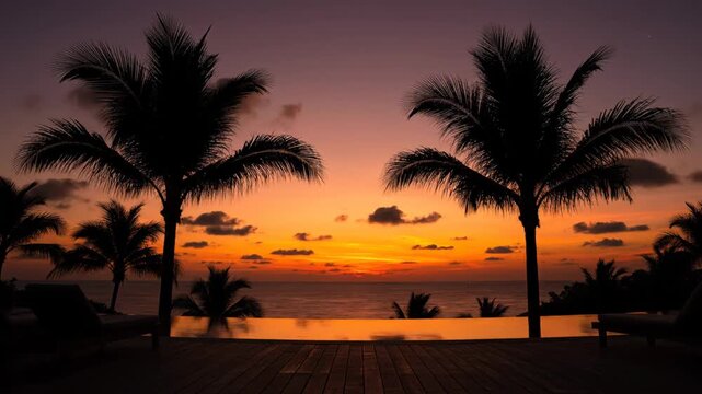 Stunning tropical sunset view over a luxury infinity pool with silhouette palm trees.