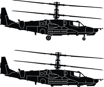 Military attack helicopter silhouette vector, black combat chopper with coaxial rotors, heavy gunship aircraft icons for tactical design