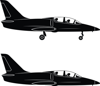 Military jet trainer aircraft silhouette, black fighter plane vector icon set, aerodynamic supersonic aviation design elements for logos