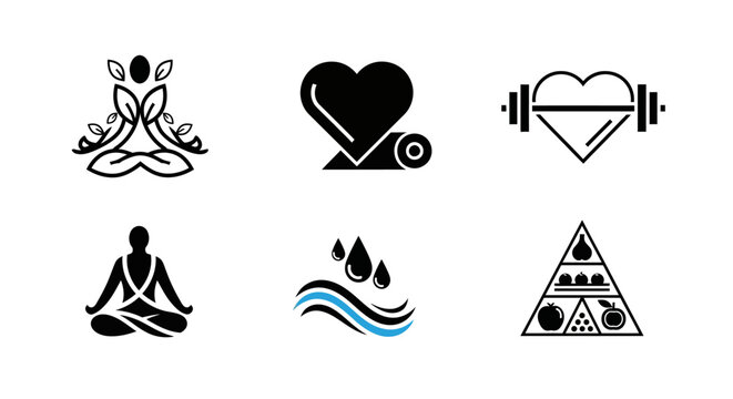 Wellness Icons: Yoga, Heart Health, Hydration, Healthy Food Pyramid