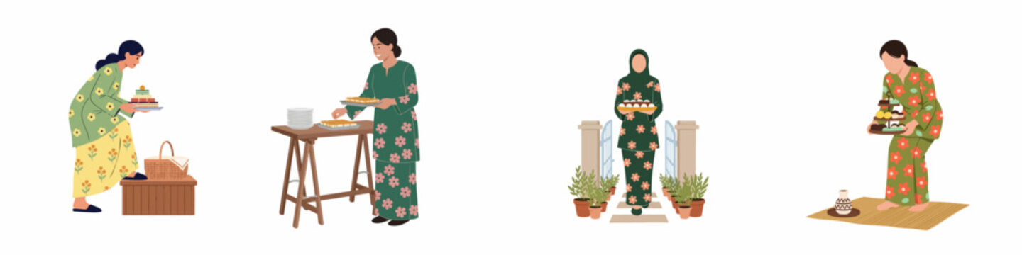Set of illustrations depicting Muslim women in traditional baju kurung floral attire preparing and serving traditional cakes for festive Hari Raya celebrations.