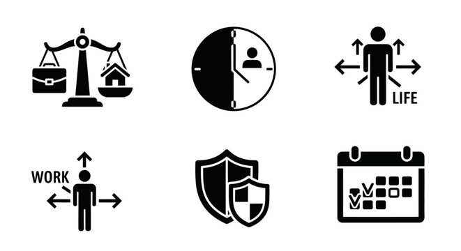 Work Life Balance Icons: Scale, Clock, Person, Shield, Calendar
