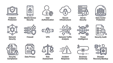 Fototapeta premium Cybersecurity icons set illustrates essential digital protection measures and network infrastructure safety protocols in a clear linear style.