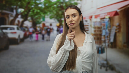 Fototapeta premium Woman points finger at camera on a busy street market with parked cars and shop stalls visible, long hair and white blouse visible; confidence.