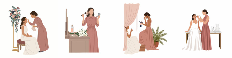 Set of minimalist flat vector illustrations depicting a bride and bridesmaid applying makeup during wedding day preparations in various elegant settings. © Nadya