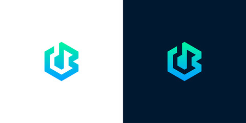 Hexagonal letter B and music note logo icon template in blue and green gradient style © Eunois