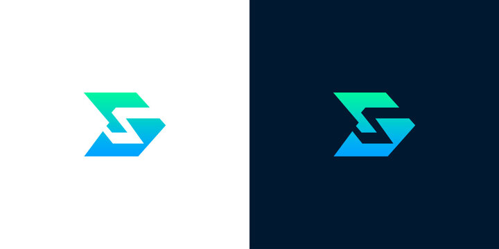 Modern letter S logo design with fast arrow shape in blue and green gradients on light and dark background