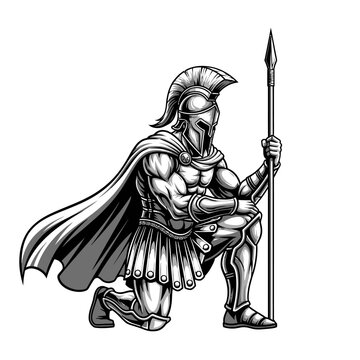Black and white illustration of a Roman gladiator with spear in a kneeling pose