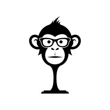 Stylized monkey face with glasses and exaggerated features on a pedestal