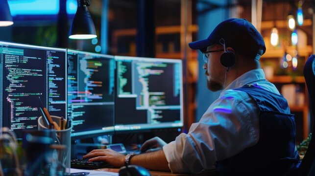 Software developer wears a headset while working late at night on multiple computer screens displaying complex programming code in a dark office.