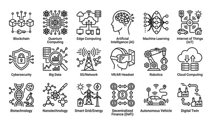 Fototapeta premium Modern technology concepts are displayed as a collection of linear icons covering artificial intelligence and network systems.