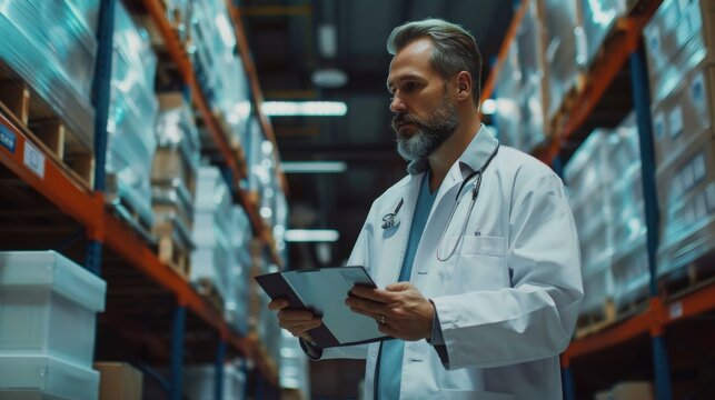 Manager in a white lab coat inspects the inventory levels within a large storage facility by reviewing a digital clipboard while walking through the aisles.