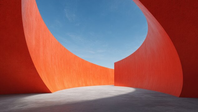 Vibrant Orange Architectural Curves Against a Clear Blue Sky.