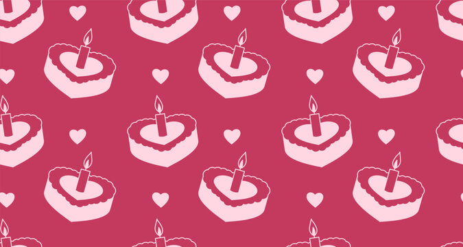 Seamless Pattern of Heart-Shaped Cakes with Candles in Pink and White Colors.