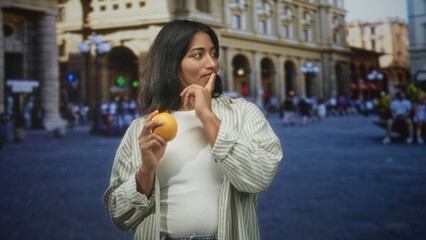 Fototapeta premium Young hispanic woman holding an orange and pointing finger to temple while looking up on a crowded cobblestone street with classical architecture; quiet contemplation.