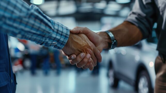 Professional automotive engineer and a client shake hands to celebrate a successful vehicle repair service in a modern car dealership.
