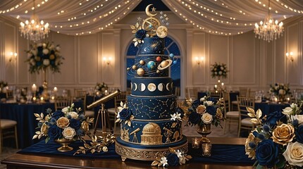 Obraz premium Luxurious celestial-themed wedding reception. Cake decorated with planets, stars, moon phases, and constellations