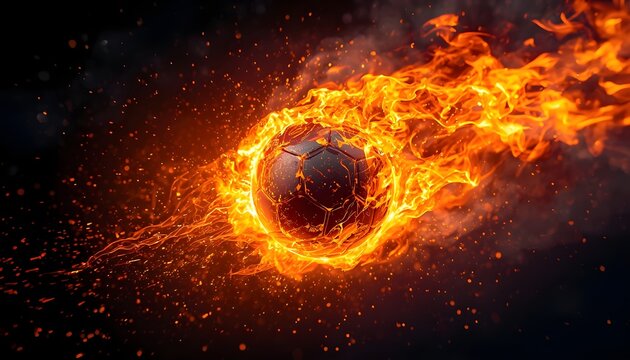 Soccer football on fire flying fast through the air with blazing flames comet trail on black background dynamic power speed concept for sports tournament championship digital illustration artwork