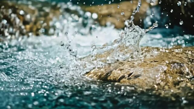 Close-up of water splashing against a weathered rocky surface in nature.