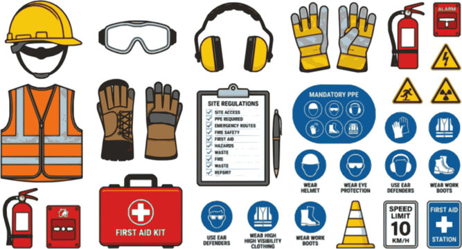 Comprehensive construction site personal protective equipment and safety icons