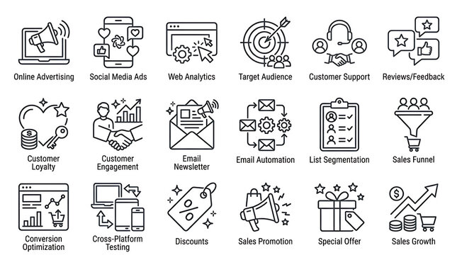 Icons representing digital marketing and business growth strategies are organized in a clean grid layout.