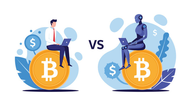 Human trader and a blue robot sit back to back on large bitcoins while using laptops to depict the competition between manual and automated trading.