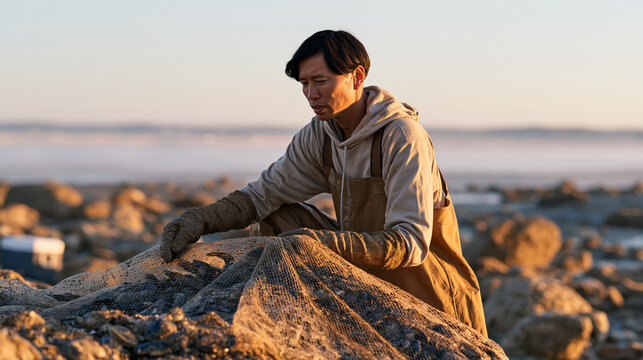 Coastal clammer at morning low tide sorting harvest by size into mesh bags, camping cooler visible on rocky shore, sustainable shellfish harvesting, overnight camping seafood
