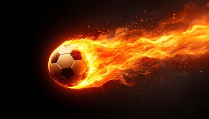 Fototapeta premium Soccer football on fire flying fast through the air with blazing flames comet trail on black background dynamic power speed concept for sports tournament championship digital illustration artwork