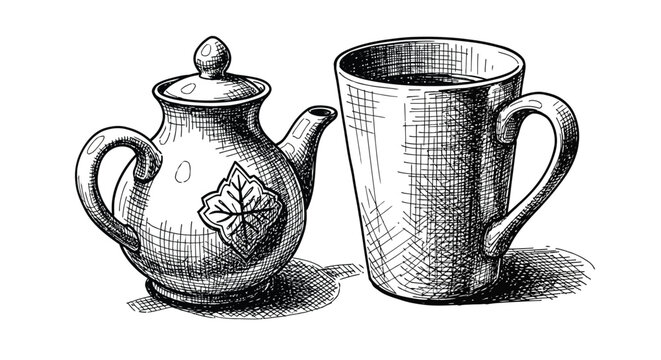 Hand drawn sketch of a vintage teapot and cup filled with hot beverage, artistic illustration of breakfast or tea time preparation.