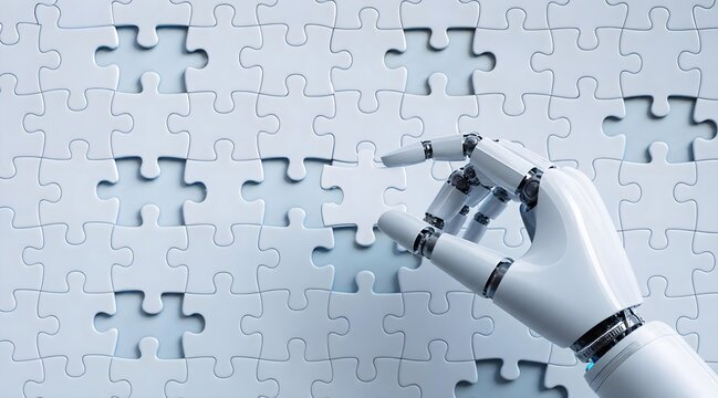 An artificial intelligence robot hand trying to solve a puzzle, concept is an artificial intelligence robot that tries to solve tasks or problems.