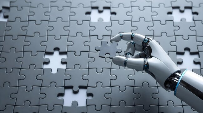 An artificial intelligence robot hand trying to solve a puzzle, concept is an artificial intelligence robot that tries to solve tasks or problems.