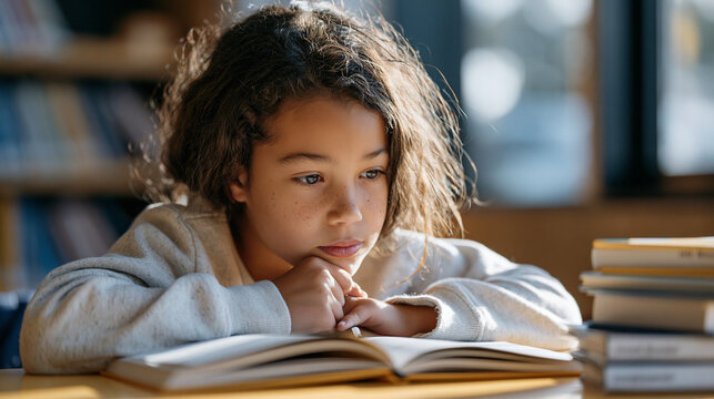 Third-grade girl traces each word in a hardcover storybook with her fingertip her mouth forming silent syllables as her eyes widen in recognition at a library reading table