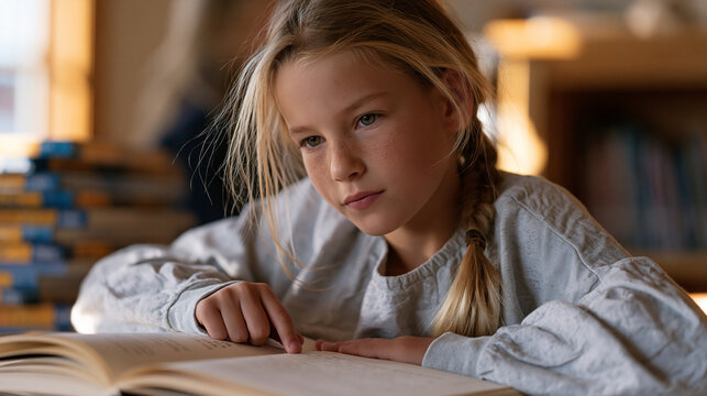 Third-grade girl traces each word in a hardcover storybook with her fingertip her mouth forming silent syllables as her eyes widen in recognition at a library reading table