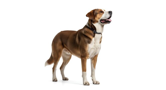 A happy brown and white mixed breed dog standing on a white background, looking up with its mouth open and wearing a harness.