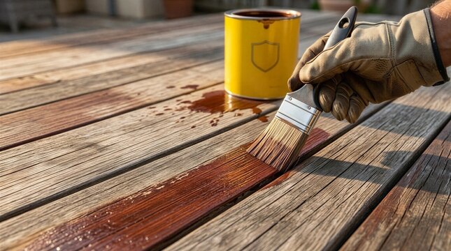 Staining old outdoor wooden deck board with varnish and paintbrush
