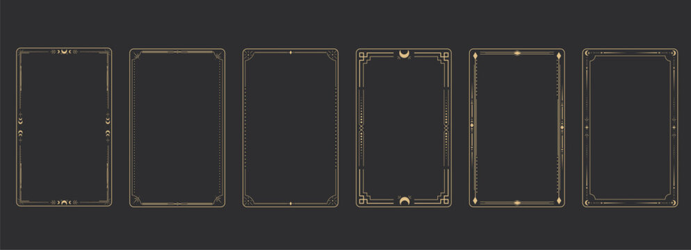 Celestial boho gold frames set, dividers. Esoteric deco border. Elegant thin lines, moon crescent, sun, stars decorations. Tarot card template, occult design