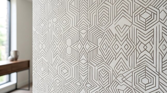 Modern carved wood wall panel featuring a repeating geometric pattern and subtle relief texture, creating a neutral, elegant focal surface for contemporary interiors and minimalist home decor.