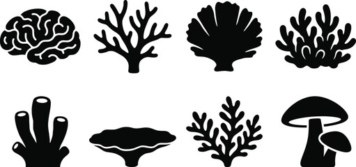 Vector silhouettes of marine coral reef elements ocean sea sponges underwater flora and woodland mushrooms set © MdBabul