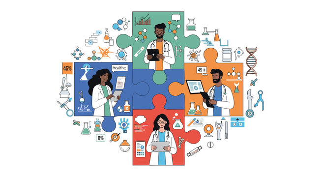 Diverse team of medical professionals works together within a jigsaw puzzle structure to represent integrated healthcare and multidisciplinary care.