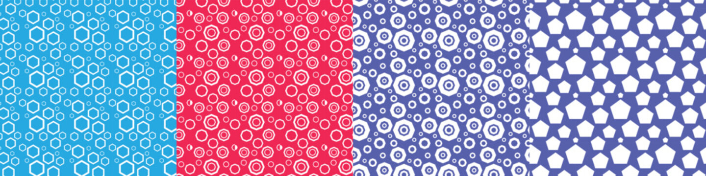 A vibrant set of four seamless geometric patterns featuring repetitive circular and pentagonal motifs in diverse colorful palettes.