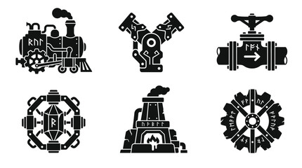 Steampunk Icons: Train, Engine, Valve, Crystal, Furnace, Gear © yafa