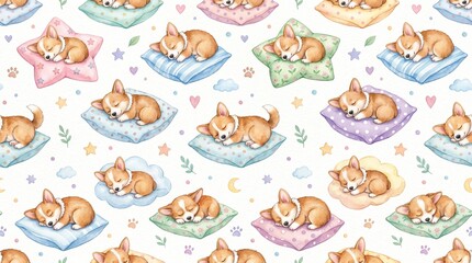 Fototapeta premium Seamless Watercolor Pattern of Cute Sleeping Baby Corgi Puppies