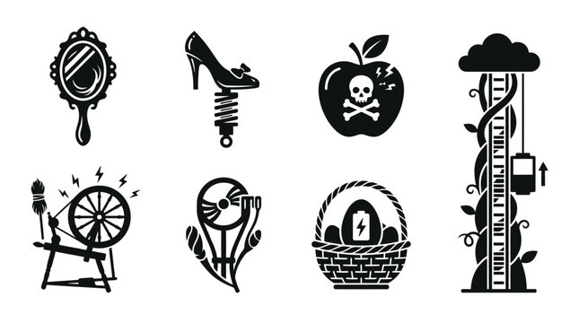 Fairy Tale Icons: Magic Mirror, Glass Slipper, Poison Apple, Bean Stalk