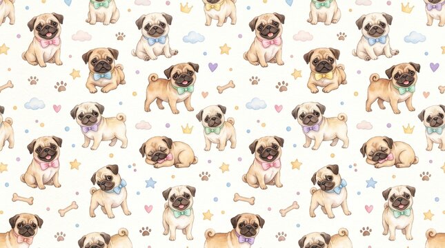 Seamless Pattern of Watercolor Baby Pugs with Bow Ties and Stars